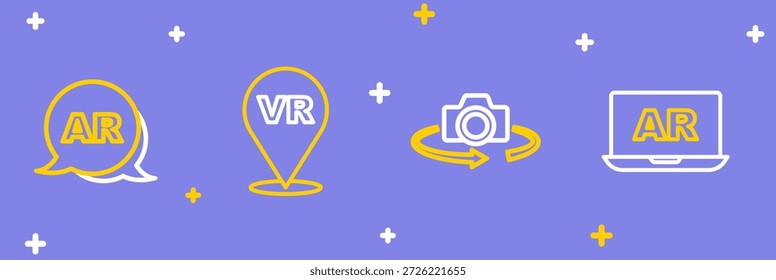 Linha Set AR realidade aumentada, 360 graus de visão, virtual e ícone. Vetor