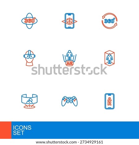 Set line Augmented reality AR, Gamepad, 360 degree view, 3d modeling, Virtual glasses,  and  icon. Vector