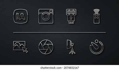 Set line Auto flash, Photo retouching, Remote control for camera, Softbox light, Camera shutter, timer and  icon. Vector