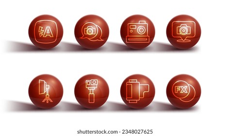 Set line Auto flash, Softbox light, Photo camera, Camera roll cartridge, Action, fx and  icon. Vector