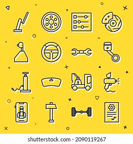 Die Linie Auto Service Check Automobil, Paint Spray Pistole, Motorkolben, Autoeinstellungen, Lenkrad, Getriebe Shifter, Scheibenwischer und Schraubenschlüssel Icon. Vektorgrafik