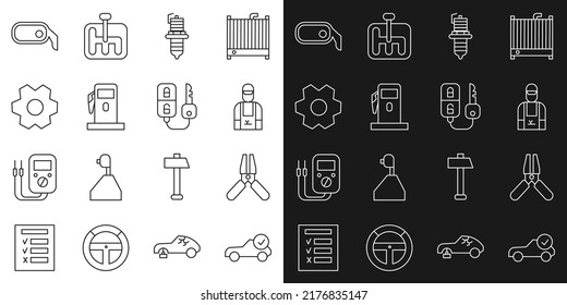 Fijar línea Comprobación automática del servicio, Cable de alimentación de saltador de la batería del automóvil, mecánico, chispa, gasolinera o gasolinera, Gear, espejo retrovisor y llave con icono remoto. Vector