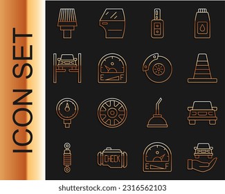 Die Linie Auto Service Check Automobil, Auto, Traffic-Kegel, Schlüssel mit Fernbedienung, Motor Gas-Spurweite, Reparatur Auto-Aufzug, Filter und Bremskaliper Symbol. Vektorgrafik