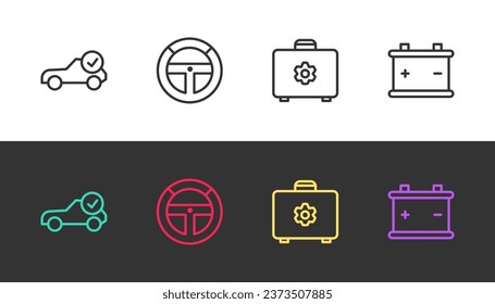 Set line Auto service check automotive, Steering wheel, Toolbox and Car battery on black and white. Vector