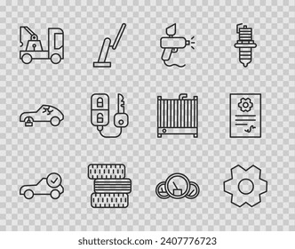 Die Linie Auto Service Check Automobil, Getriebe, Paint Spray Pistole, Autoreifen Rad, Schlepper, Schlüssel mit Fernbedienung, Speedometer und Icon. Vektorgrafik