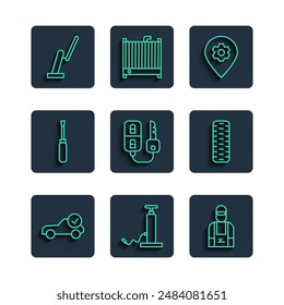 Set line Auto service check automotive, Car air pump, mechanic, Location with car, key remote, Screwdriver, Windscreen wiper and tire wheel icon. Vector