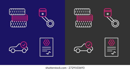 Definir linha Auto verificação de serviço automotivo, pistão do motor e ícone da roda do pneu do carro. Vetor