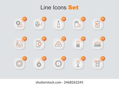 Set line Automated teller machine and money, Wine glass, Casino chip with dollar, chips, signboard,  and Coin icon. Vector