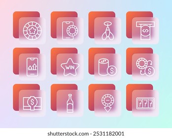 Set line Automated teller machine and money, Bottle of wine, Casino chip with dollar, chips, Dart arrow,  and Online sports betting icon. Vector