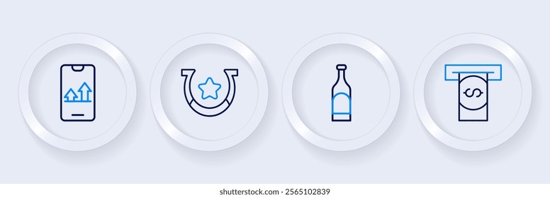 Set line Automated teller machine and money, Bottle of wine, Horseshoe and Online sports betting icon. Vector