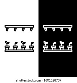 Set line Automatic irrigation sprinklers icon isolated on black and white background. Watering equipment. Garden element. Spray gun icon.  Vector Illustration