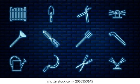 Set line Automatic irrigation sprinklers, Garden saw, Gardening handmade scissor, rake for leaves, fence, pitchfork and trowel spade shovel icon. Vector