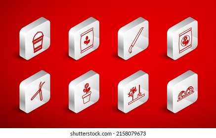 Set line Automatic irrigation sprinklers, Fertilizer bag, Garden saw, Planting tree the ground, Bucket, Flower pot and Gardening handmade scissor icon. Vector