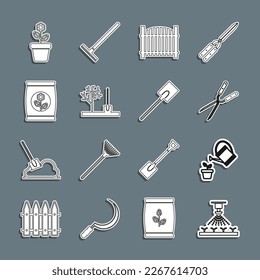 Fijar la línea Rociadores automáticos de riego, Aguas, Jardinería, cisora hecha a mano, valla, Plantar el árbol en el suelo, Bolsa de fertilizante, Flower pot e icono de pala. Vector
