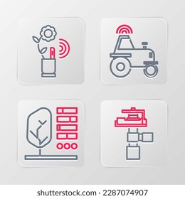 Set line Automatic irrigation sprinklers, Plant status, Wireless tractor smart farm and Smart farming technology icon. Vector