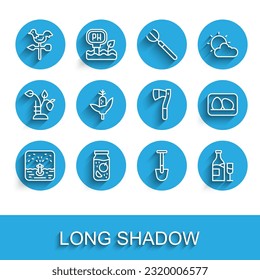 Set line Automatic irrigation sprinklers, Jam jar, Rooster weather vane, Shovel, Wine bottle with glass, Corn, Chicken egg and Wooden axe icon. Vector