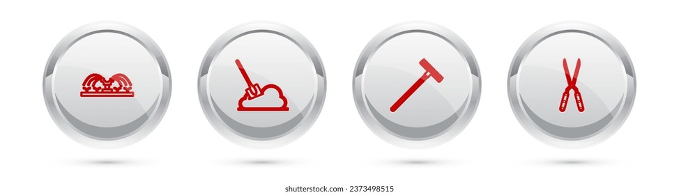 Set line Automatic irrigation sprinklers, Shovel the ground, Garden rake and Gardening handmade scissor. Silver circle button. Vector