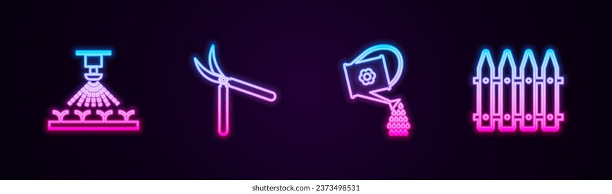 Set Linie Automatische Bewässerungssprenger, Gartenschere, Wasserdose und Zaun. Leuchtendes Neonsymbol. Vektorgrafik