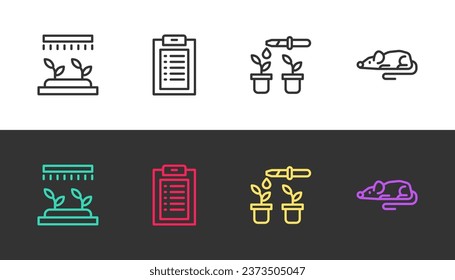 Fijar línea Rociadores de riego automáticos, Registro clínico, Pipeta y planta y ratón experimental sobre blanco y negro. Vector