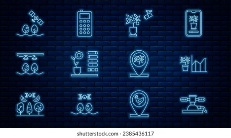 Línea Rociadores automáticos de riego, estadísticas de flores, tecnología de cultivo inteligente, estado, con bombilla y planta, drones, árbol de ubicación e icono de control remoto. Vector