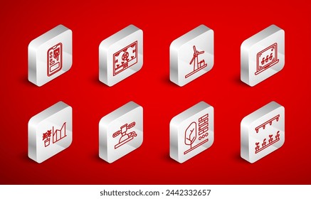 Aspersores automáticos de riego, tecnología de agricultura inteligente, turbina eólica, estado de la planta, sistema de control e icono de estadísticas de flores. Vector