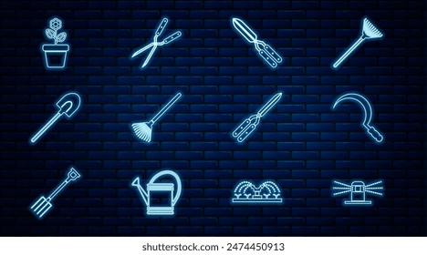 Set line Automatic irrigation sprinklers, Sickle, Gardening handmade scissor, rake for leaves, shovel, Flower pot,  and  icon. Vector