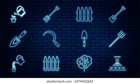 Set line Automatic irrigation sprinklers, Garden pitchfork, fence, Sickle, trowel spade shovel, Watering can,  and  icon. Vector