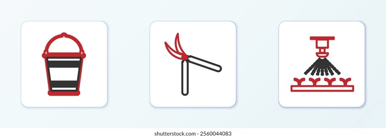 Set line Automatic irrigation sprinklers, Planting tree the ground and Gardening handmade scissor icon. Vector