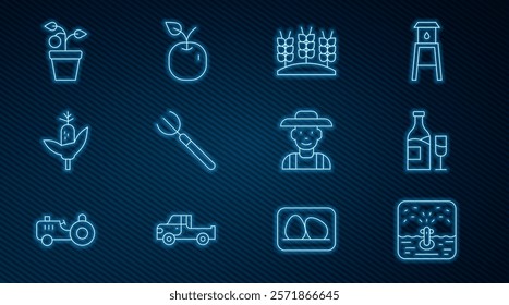 Set line Automatic irrigation sprinklers, Wine bottle with glass, Wheat, Garden pitchfork, Corn, Plant pot, Farmer the hat and Apple icon. Vector