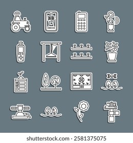 Set line Automatic irrigation sprinklers, Smart farm with drone, Plant pot, Remote control, Portable sensor, Wireless tractor smart and  icon. Vector