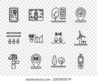 Set line Automatic irrigation sprinklers, Portable sensor, Plant status, Location and tree, Smart control farming system, Flower statistics, Trees and Wind turbine icon. Vector