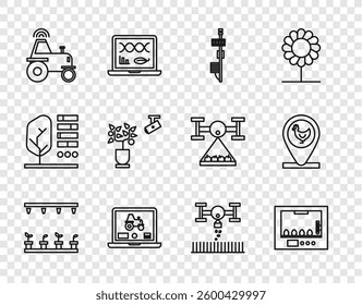 Set line Automatic irrigation sprinklers, Incubator for eggs, Standalone sensor, Laptop application smart farm, Wireless tractor, Smart farming technology, with drone and Chicken location icon. Vector