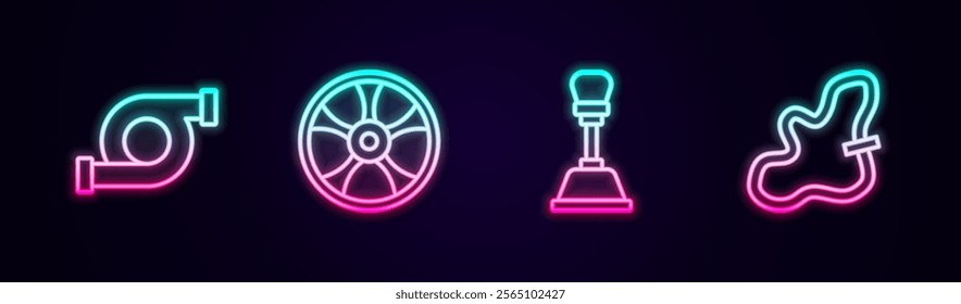 Set line Automotive turbocharger, Alloy wheel for car, Gear shifter and Racing track. Glowing neon icon. Vector