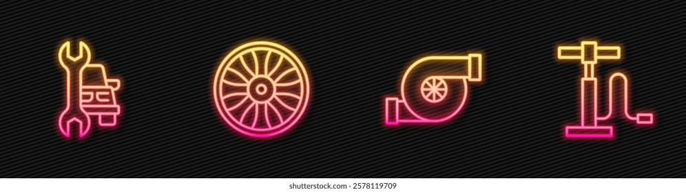 Set line Automotive turbocharger, Car service, Alloy wheel for car and air pump. Glowing neon icon. Vector