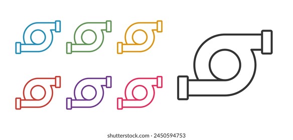 Set line Automotive turbocharger icon isolated on white background. Vehicle performance turbo. Turbo compressor induction. Set icons colorful. Vector