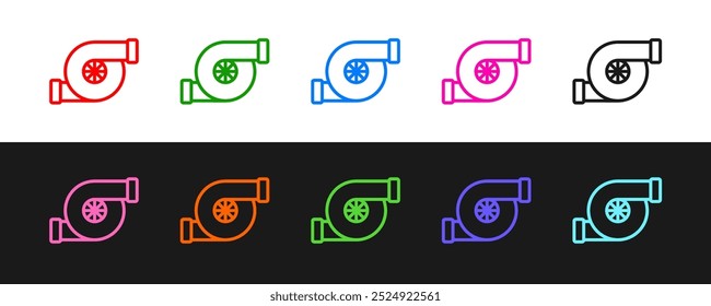 Set line Automotive turbocharger icon isolated on black and white background. Vehicle performance turbo. Turbo compressor induction.  Vector