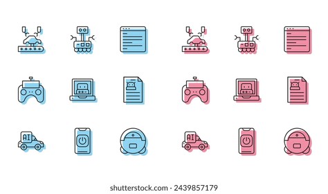 Set line Autonome Smart Car, Ausschalten Roboter vom Telefon, Roboter Arm Fabrik, Staubsauger, Erstellen, Technische Spezifikation, Fernbedienung und Symbol. Vektor