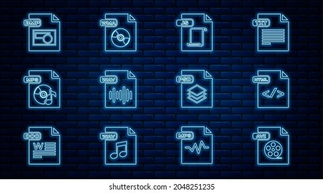 Set line AVI file document, HTML, JS, WAV, MP3, BMP, PSD and WMA icon. Vector