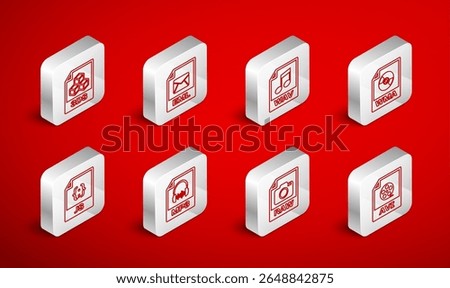 Set line AVI file document, EML, WAV, WMA, RAW, 3DS, MP3 and JS icon. Vector