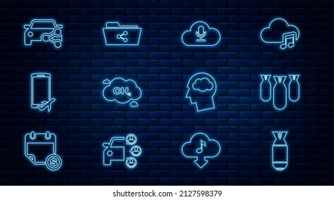 Set line Aviation bomb, bombs, Music streaming service, Methane emissions reduction, Flight mode the mobile, Car sharing, Head silhouette with cloud and Share folder icon. Vector