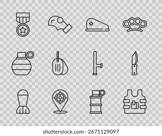 Set line Aviation bomb, Bulletproof vest, Military beret, Target sport, reward medal, dog tag, Hand smoke grenade and knife icon. Vector
