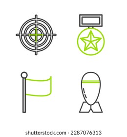 Set line Aviation bomb, Flag, Military reward medal and Target sport for shooting competition icon. Vector