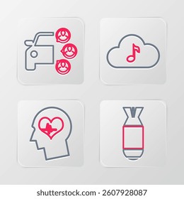 Set line Aviation bomb, Head with heartbeat, Music streaming service and Car sharing icon. Vector