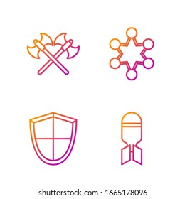 Set line Aviation bomb, Shield, Crossed medieval axes and Police badge. Gradient color icons. Vector