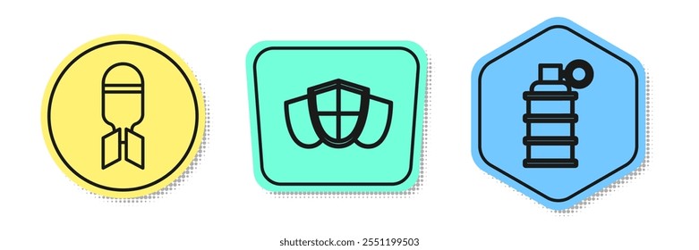 Set line Aviation bomb, Shield and Hand grenade. Colored shapes. Vector