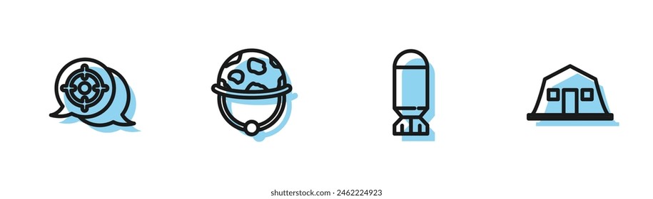 Set line Aviation bomb, Target sport, Military helmet and barracks icon. Vector