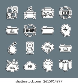 Set line Aviation bombs, Folder upload, Head with heartbeat, Car sharing, Refund money, download, Data exchange hhd and  icon. Vector