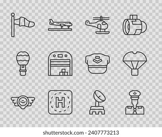 Set line Aviation emblem, Pilot, Helicopter, landing pad, Cone meteorology windsock, Aircraft hangar, Radar and Box flying parachute icon. Vector