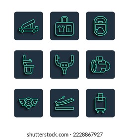 Set line Aviation emblem, Plane takeoff, Suitcase, Airplane window, Aircraft steering helm, seat, Passenger ladder and Jet engine turbine icon. Vector