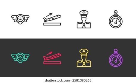 Set line Aviation emblem, Plane takeoff, Pilot and Barometer on black and white. Vector